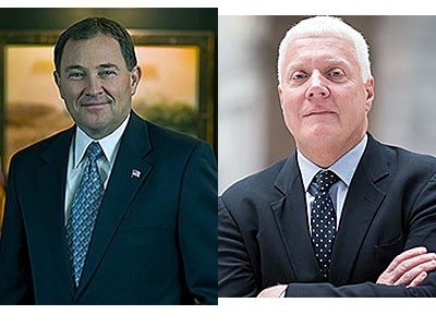 Gary R. Herbert and Mike Weinholtz are featured in a gubernatorial debate at Utah State University