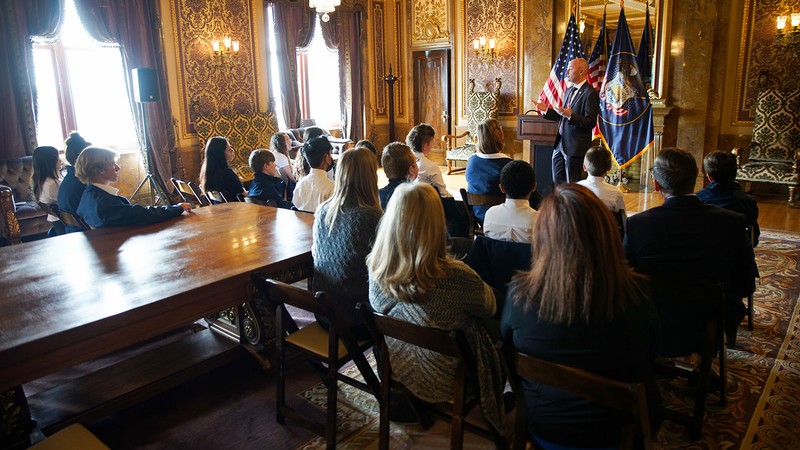 Students listen to Utah's governor.