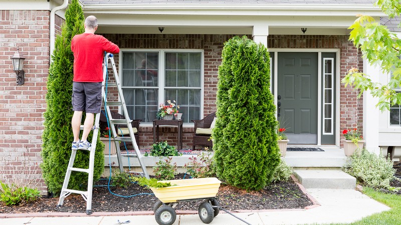 A man stands on a ladder in front of his home trimming bushes.