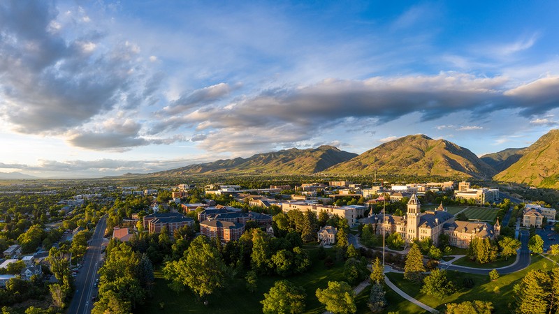 Aerial of USU campus in Logan.