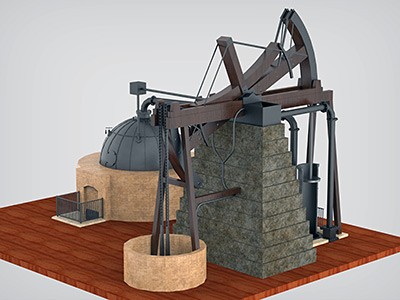 rendering by USU student Charles Roos of the Newcomen steam engine