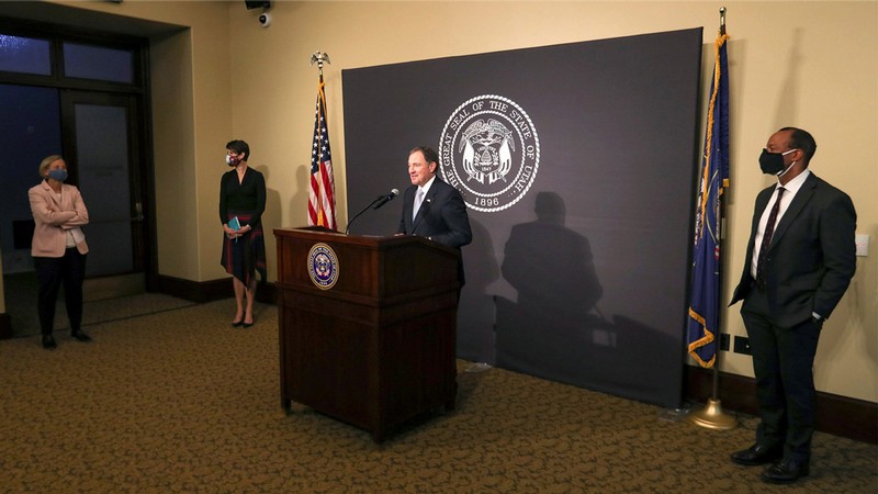 Utah Gov. Gary Herbert listens to a question from the media during a COVID-19 briefing.