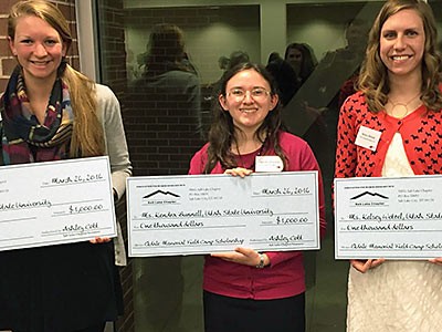 USU geology scholars, Amy Moser, Kendra Bunnell and Kelsey Wetzel receiving scholarships