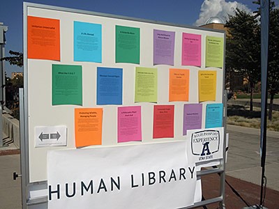 the Human Library sign outside USU's Merrill-Cazier Library