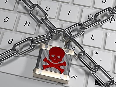 computer keyboard with a chain, graphic illustration for ransomware phising