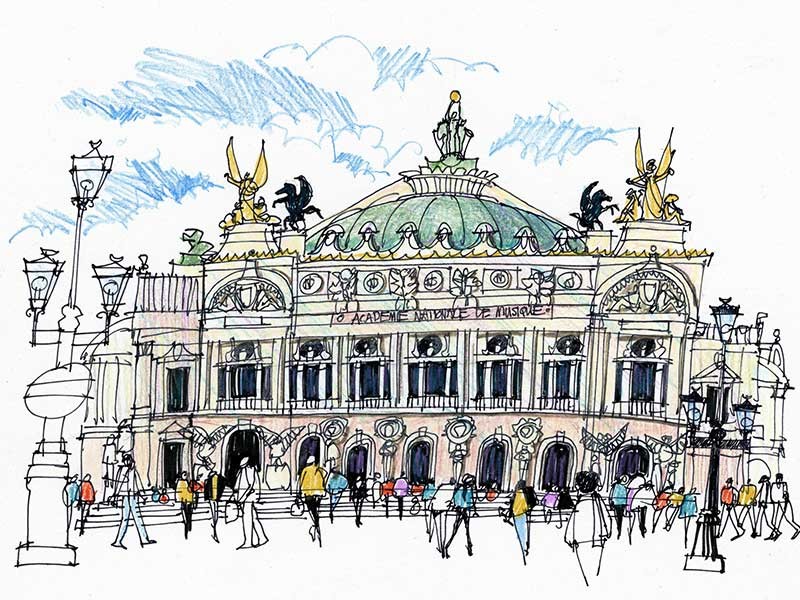 sketched of the Paris Opera by artist Jim Richards