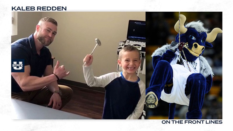 Kaleb Redden with a young patient and as Big Blue.