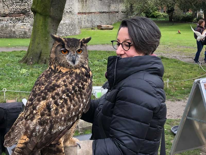Professor Laura Gelfand with Henrietta the Owl at York Museum Gardens