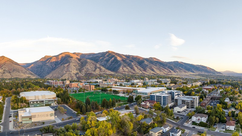 An aerial view of USU's Logan campus from the southwest
