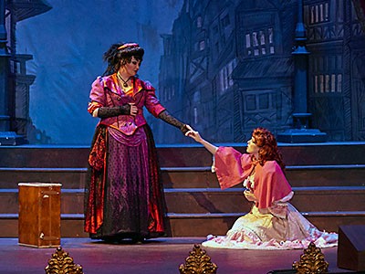 two characters on stage from the Lyric Rep 2015 production of 'The Mystery of Edwin Drood'