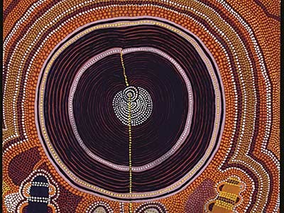 detail from the artwork 'Mystery Sand Mosaic' by Shorty Lungkarta Tjungurrayi at the USU museum