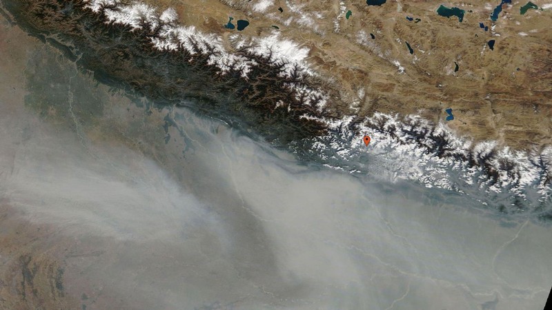 A satellite view of Nepal taken on Nov. 7, 2020, shows severe smoke pollution.