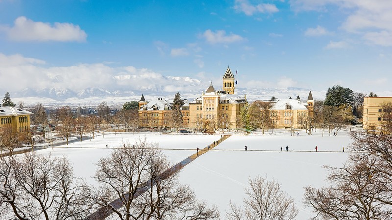Old Main is seen across the Quad at USU's Logan campus in winter.