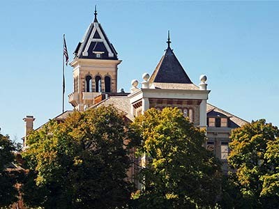 northeast view of USU's Old Main from the Quad
