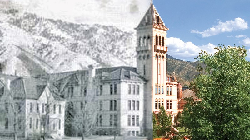 Image of Old Main in 1889, and today