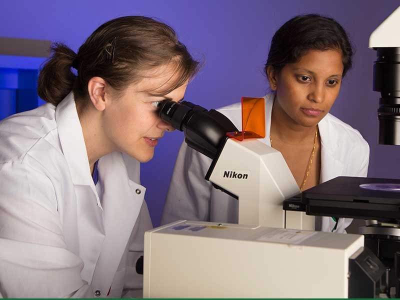 USU women researchers conducting research with a microscope