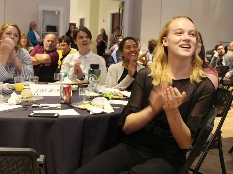 Katherine Taylor reacts to USU winners being announced at the annual awards ceremony