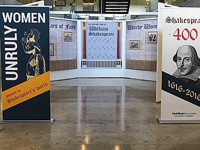 the entrance to the USU's Shakespeare exhibit in Merrill-Cazier Library