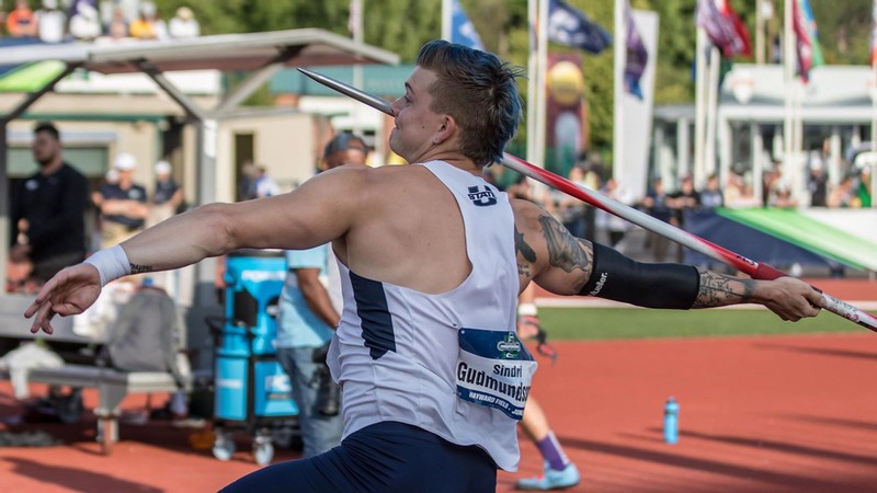 Sindri Gudmundsson throwing a javelin.