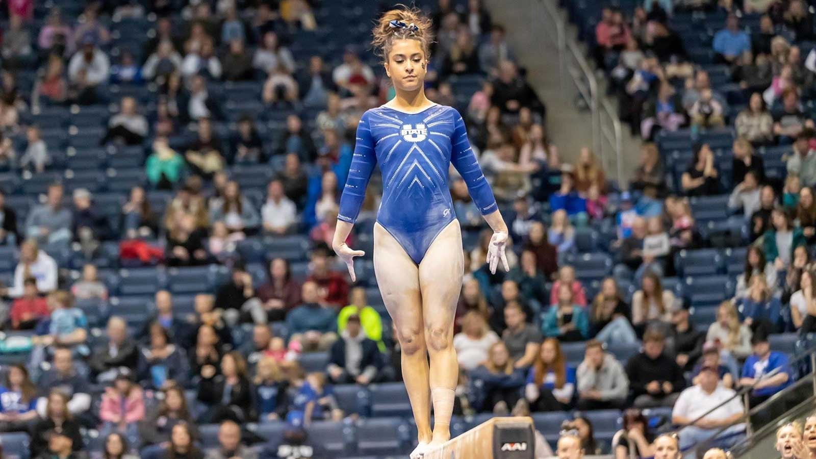 USU Gymnast Sofi Sullivan on beam.