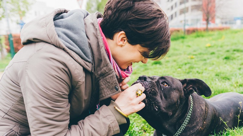 woman petting a dog.