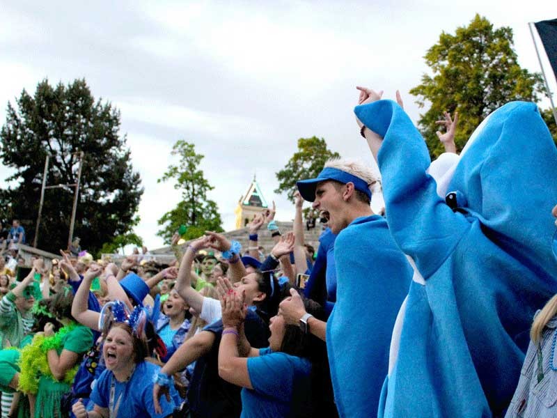 USU students cheer under Old Main Tower