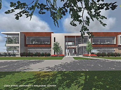 architectural rendering of the planned Utah State University Welcome Center