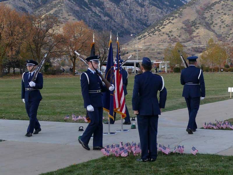 Four cadets participating in the 2018 U.S. Air Force ROTC vigil on the Quad.