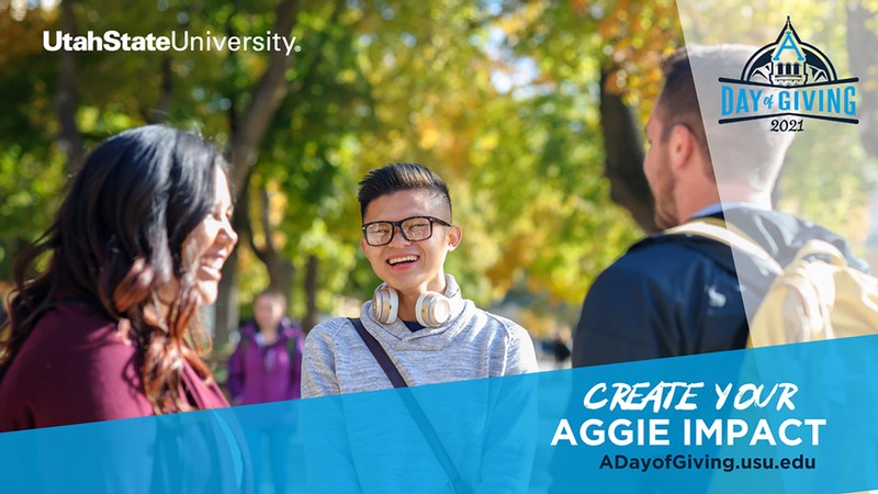 USU students with graphic: A Day of Giving 2021.