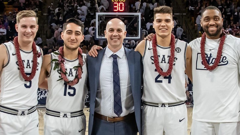 Seniors Sam Merrill, Diogo Brito, Roche Grootfaam and Abel Porter with Coach Craig Smith.