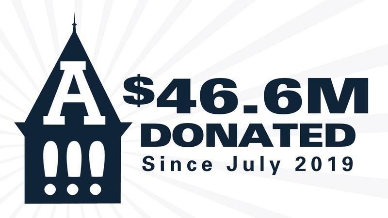 Old Main tower with the words $46.6 million donated since July 2019.