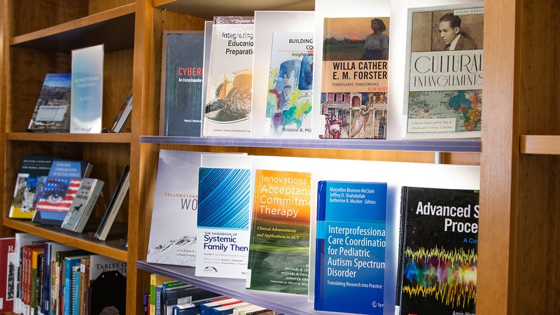 A small display in the New Books Lounge in the Merrill-Cazier Library.