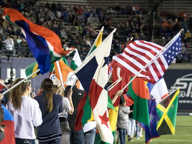 international flags on the USU Maverik Stadium Football Field