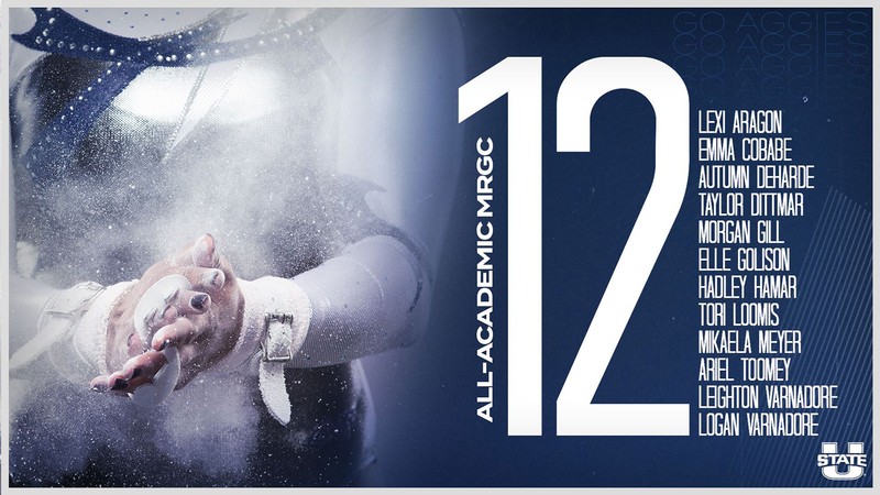gymnast powdering her hands and graphic featuring all twelve honorees.