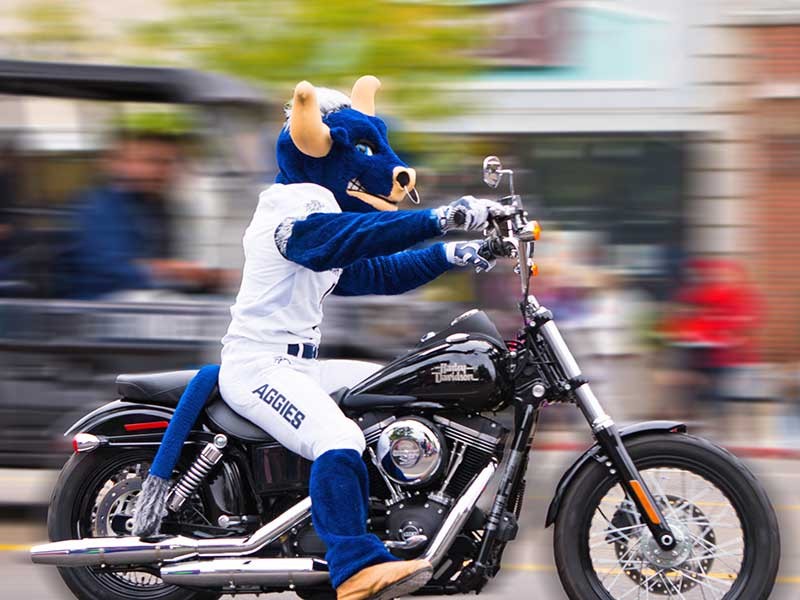 Big Blue riding a motorcycle