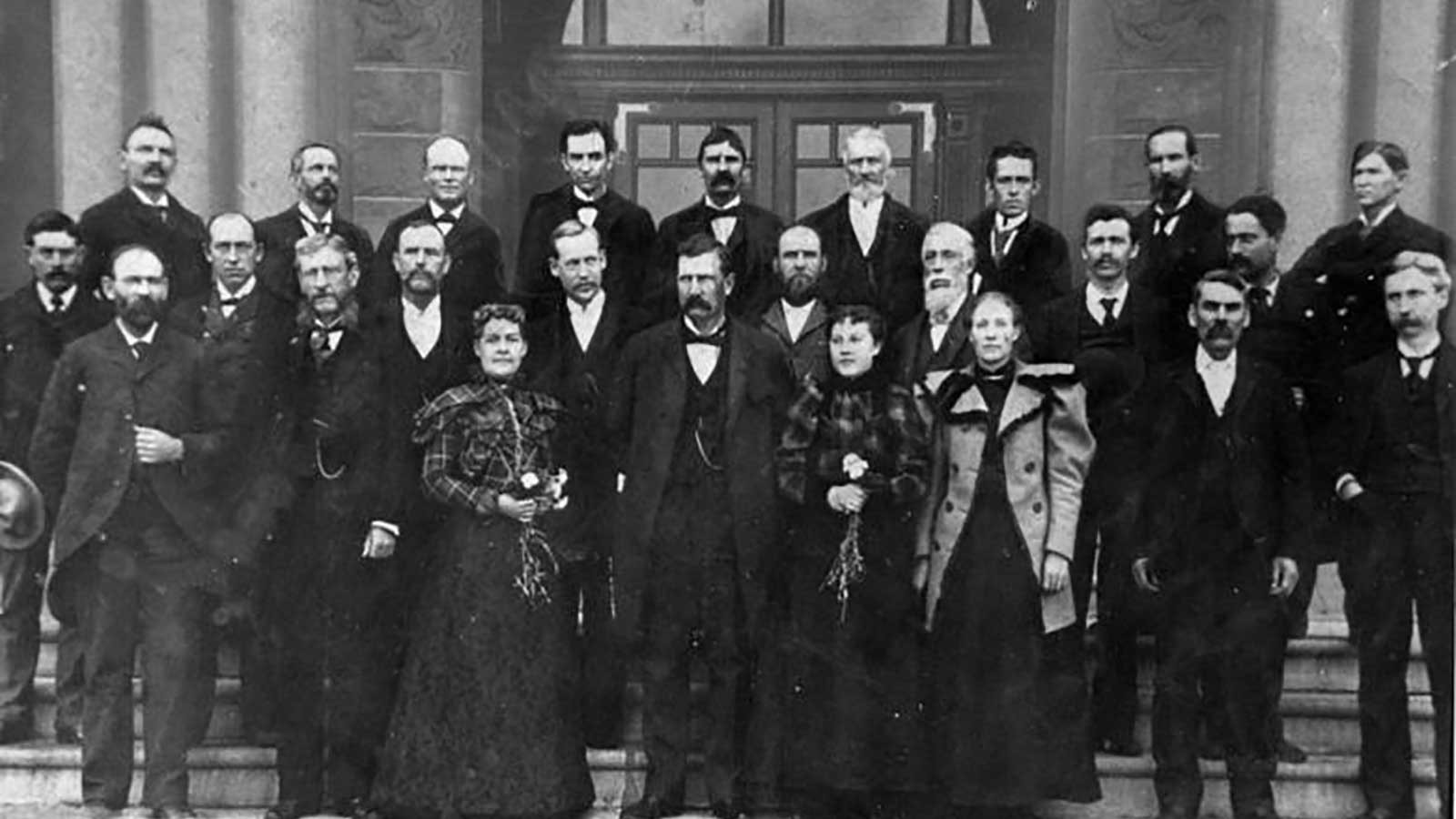 Martha Hughes Cannon on the steps of the Salt Lake City and County Building, 1897.