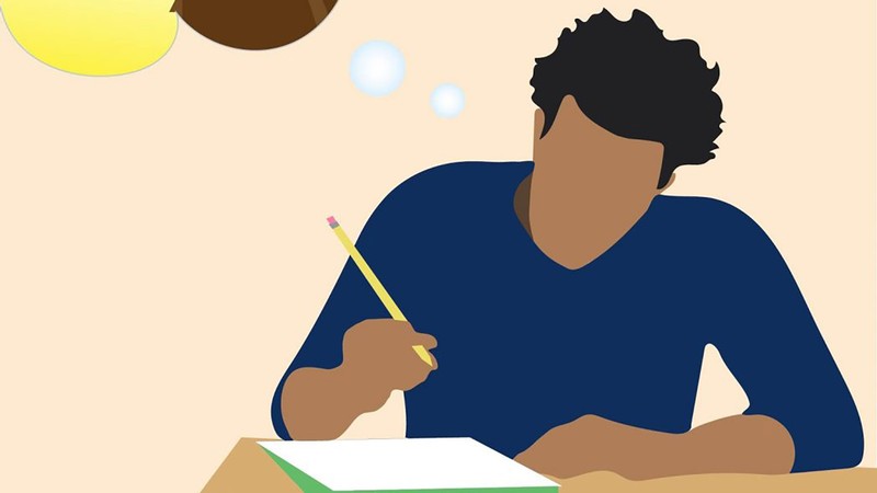 illustration of a person writing on a piece of paper.