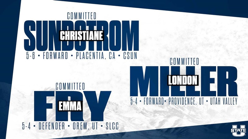 A graphic lists new USU soccer transfers: Christiane Sundstrom, London Miller and Emma Fry