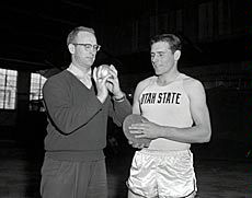 Track coach Ralph Maughan and athlete L. Jay Sylvester