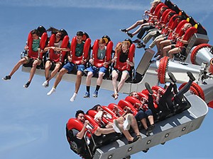 students on an amusement ride during USU's Physics Day at Lagoon