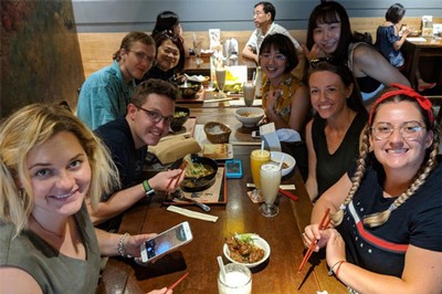USU and NCHU students eat a meal during a 2019 program in Taiwan.