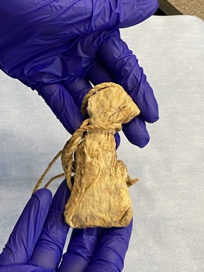 Gloved hands hold an animal skin pouch.