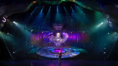 An elaborate set is seen on a stage.