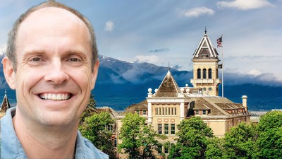 Chad Ford is superimposed over a photo of Old Main in this composite image.