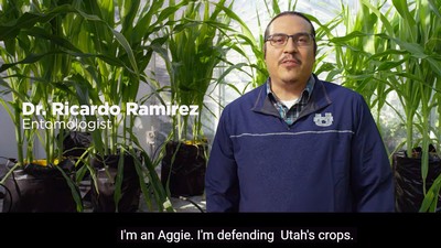 Video screenshot subtitle reads: I'm an Aggie. I'm defending Utah's crops.