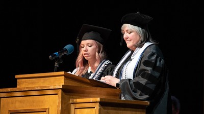 USU Kaysville graduates Kari Lamoreaux and her daughter Alexis Phillips speak at USU Brigham City R
