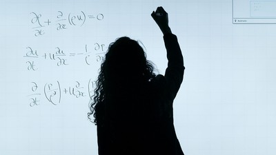 A person writing mathematical equations on a digital whiteboard.