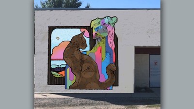 A rendering of a mural showing a cat and dog.