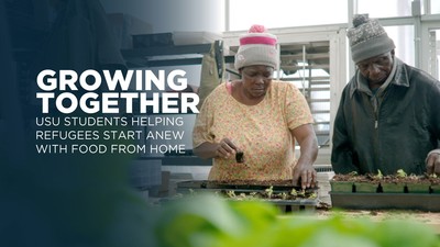 Text Reads: USU students helping refugees start anew with food from home.