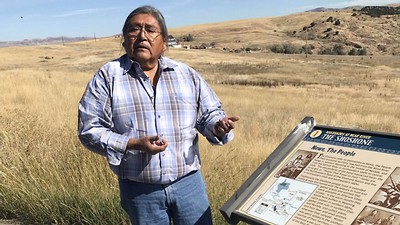 A man stands at a historical marker overlooking a field.